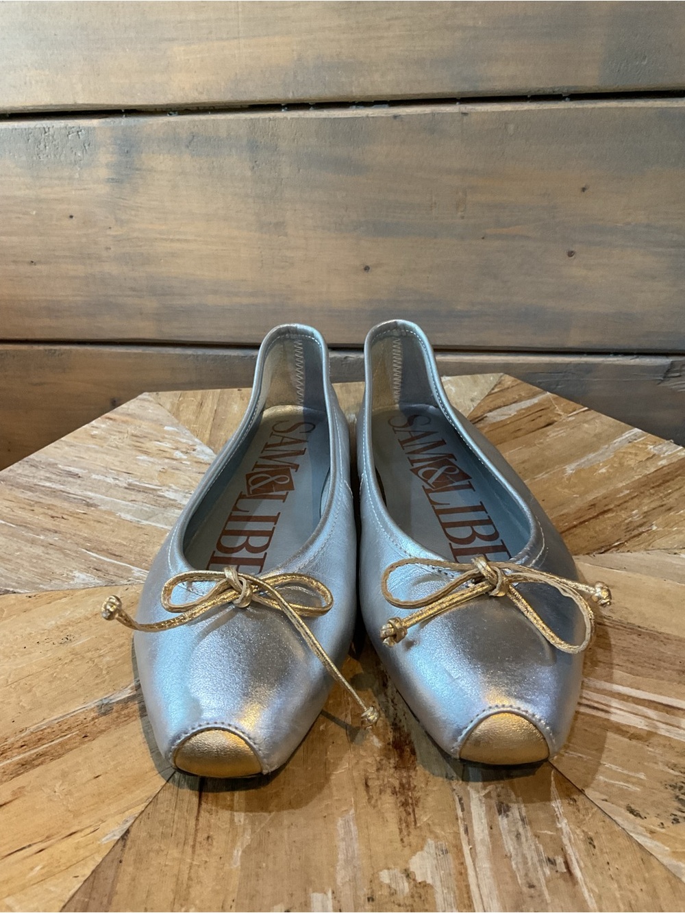 Sam & Libby Silver Leather Ballet Flats with Bow Accent - Picture 2 of 5